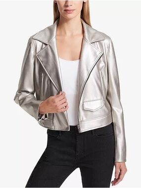 DKNY Metallic Silver Moto Jacket